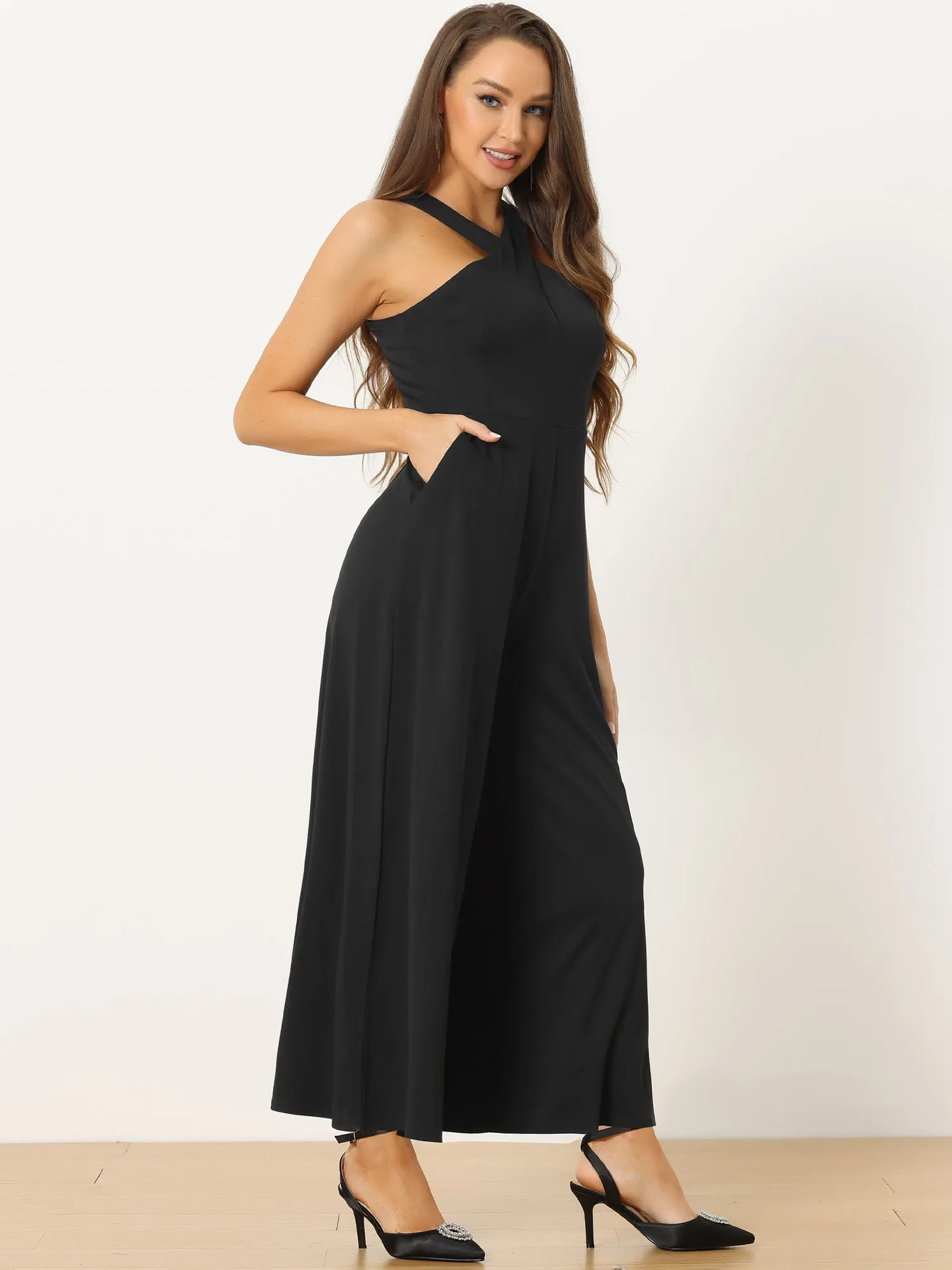 Cross Neck Wide Leg Sleeveless Full Length Pocketed Jumpsuits sold by Allegra K product image thumbnail 4