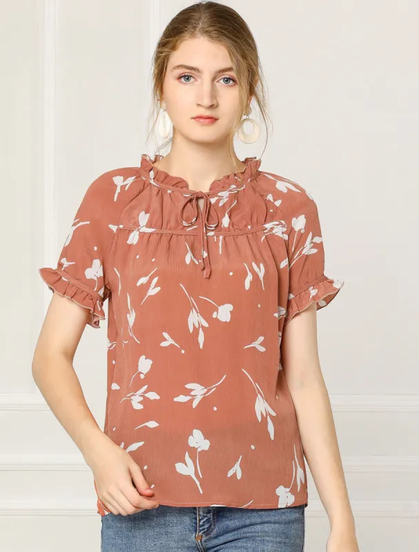Floral Tie Neck Ruffle Short Sleeve Peasant Blouse Top sold by Allegra K