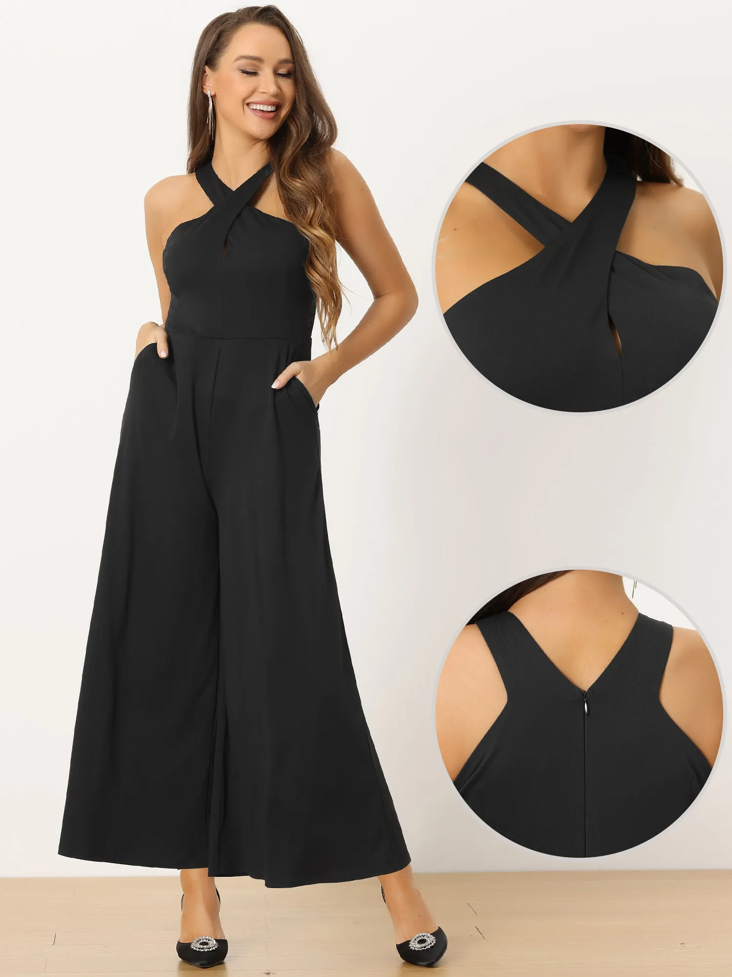Cross Neck Wide Leg Sleeveless Full Length Pocketed Jumpsuits sold by Allegra K product image thumbnail 2