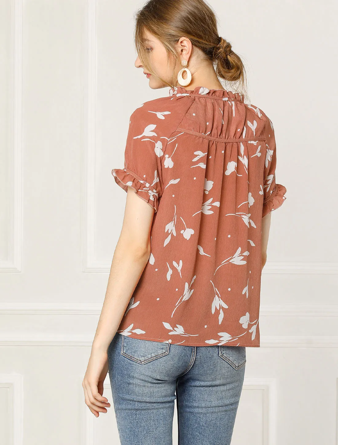 Floral Tie Neck Ruffle Short Sleeve Peasant Blouse Top sold by Allegra K product image thumbnail 4