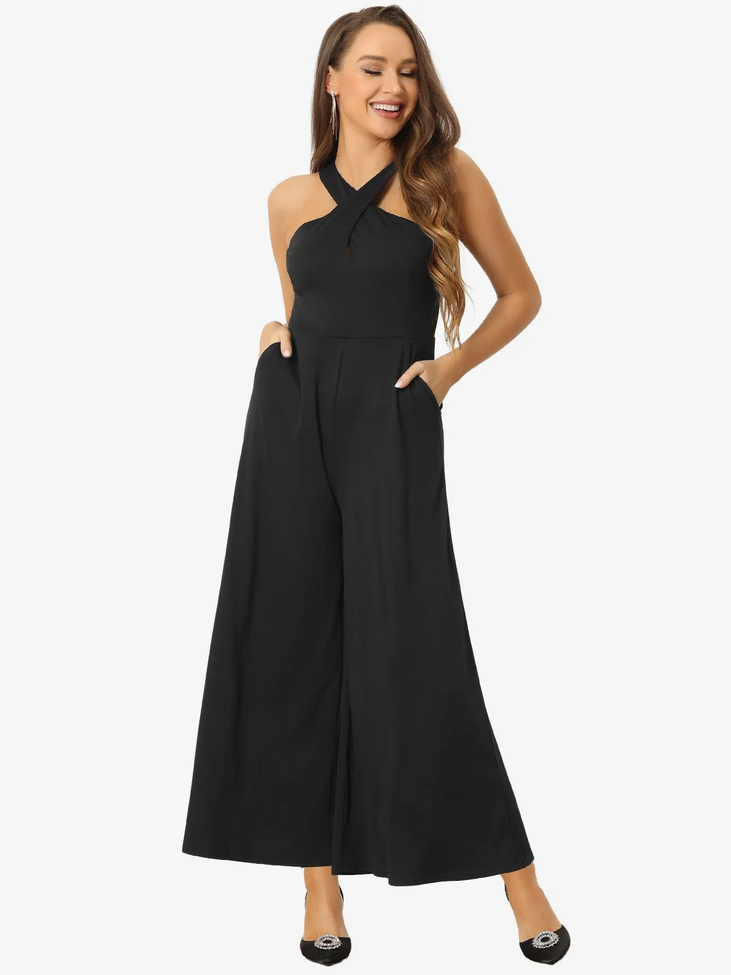 Cross Neck Wide Leg Sleeveless Full Length Pocketed Jumpsuits sold by Allegra K