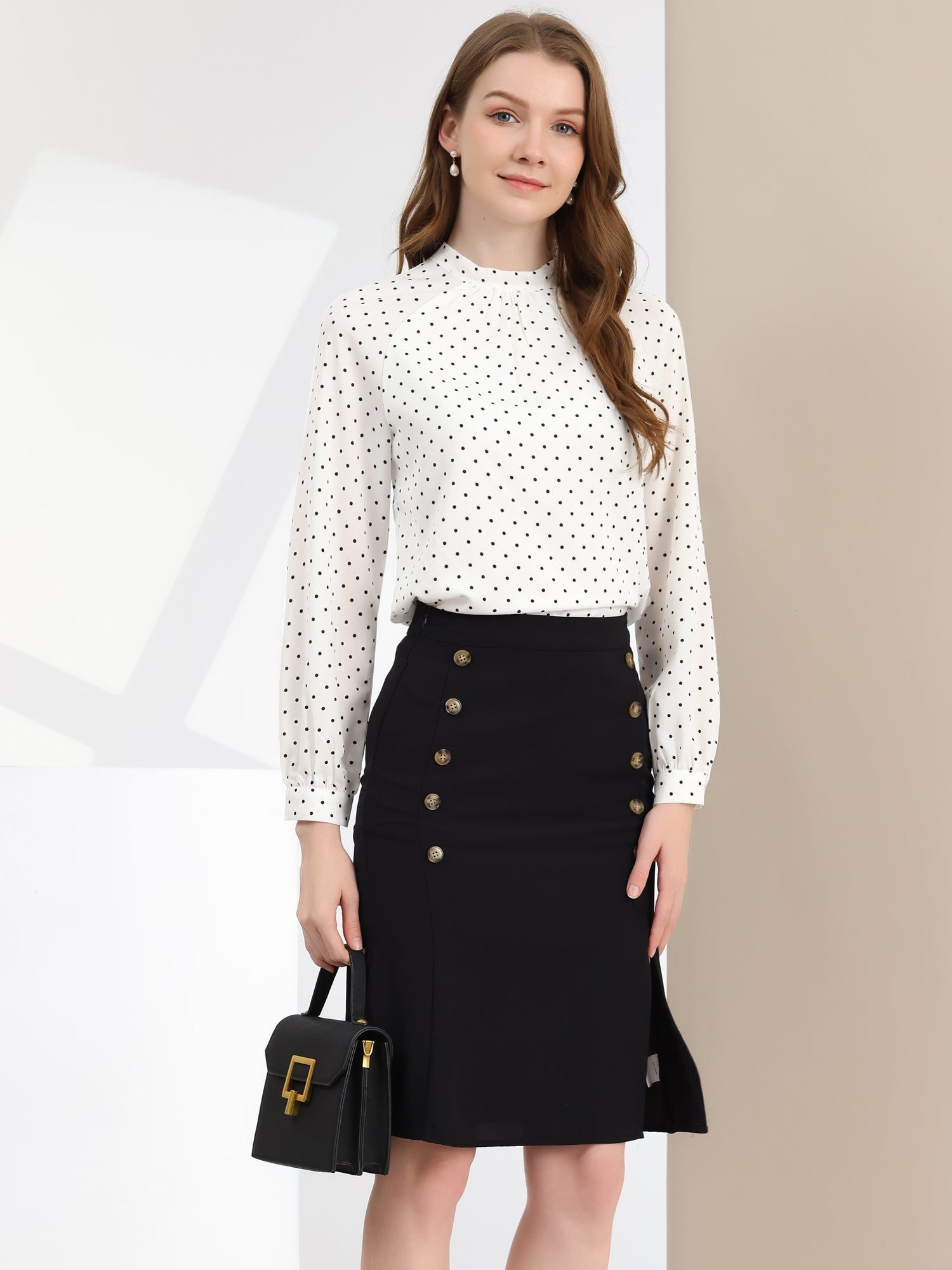 Polka Dots Blouse Stand Collar Shirt Elegant Chiffon Work Top sold by Allegra K