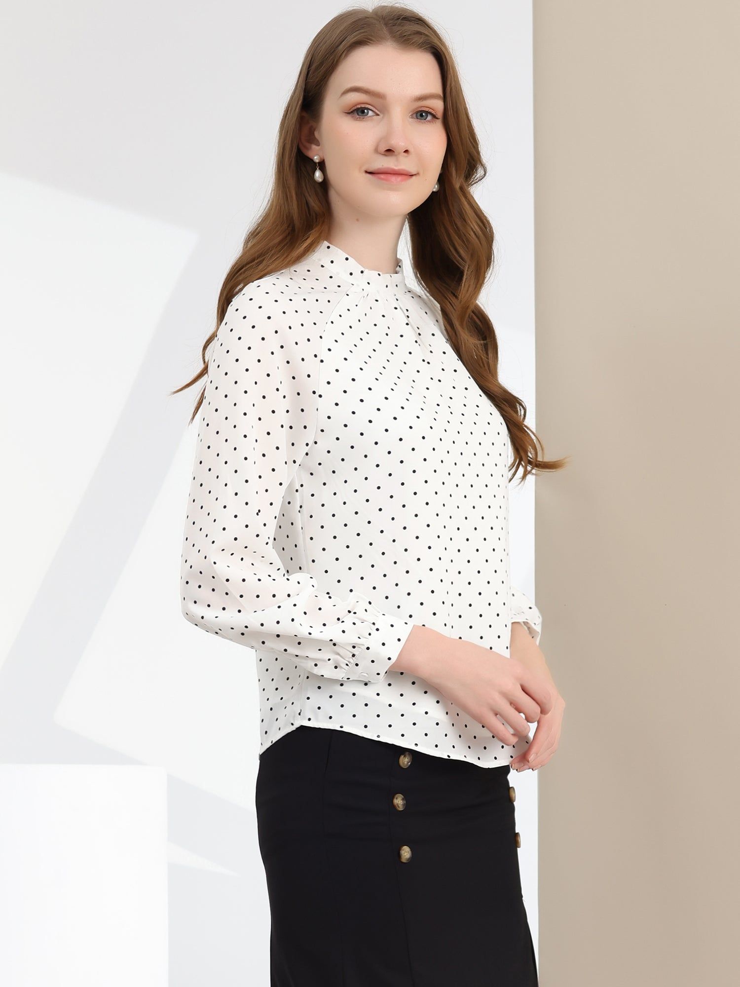 Polka Dots Blouse Stand Collar Shirt Elegant Chiffon Work Top sold by Allegra K product image thumbnail 2