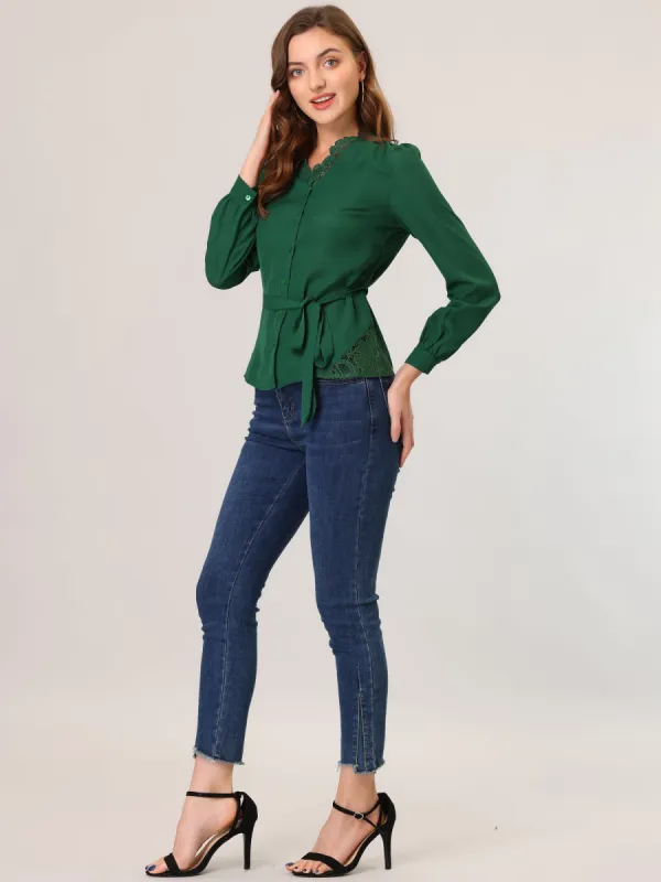 Belted Tie Waist Top Lace Trim V Neck Long Sleeve Blouse sold by Allegra K