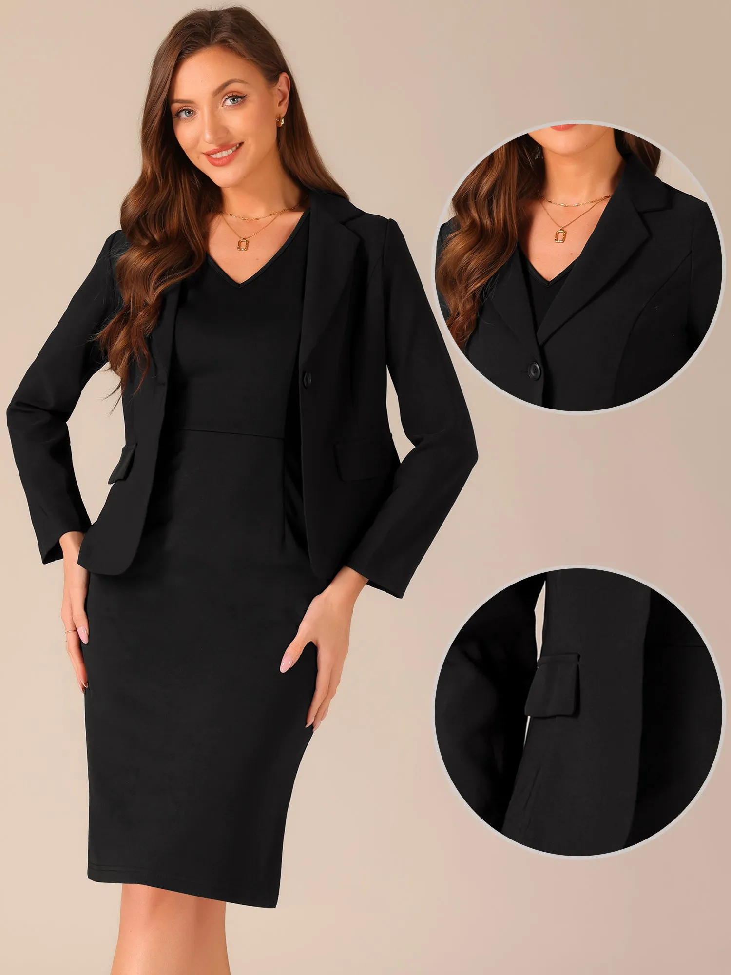 2pc Outfit Notched Lapel Blazer and Sleeveless Midi Sheath Dress Suit Sets sold by Allegra K product image thumbnail 2