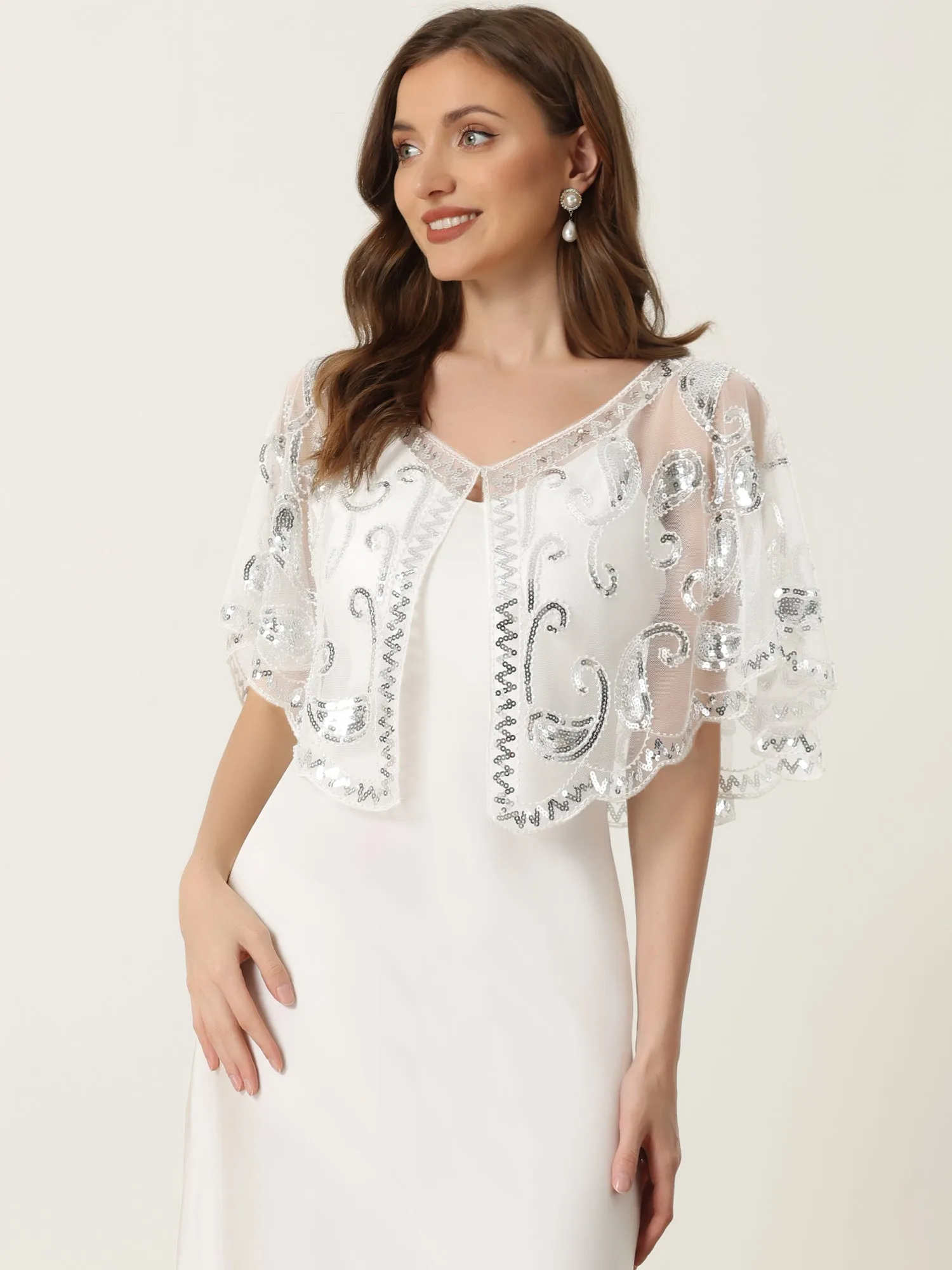 Sequin Beaded Shawl Evening Cape Bridal Bolero Shrugs sold by Allegra K