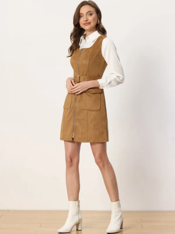 Square Neck Zipper Front Belted Faux Suede Mini Overall Pinafore Dress sold by Allegra K