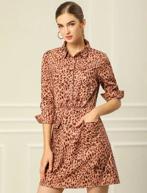 Printed Button Flap Pockets Long Sleeve Mini Dress sold by Allegra K