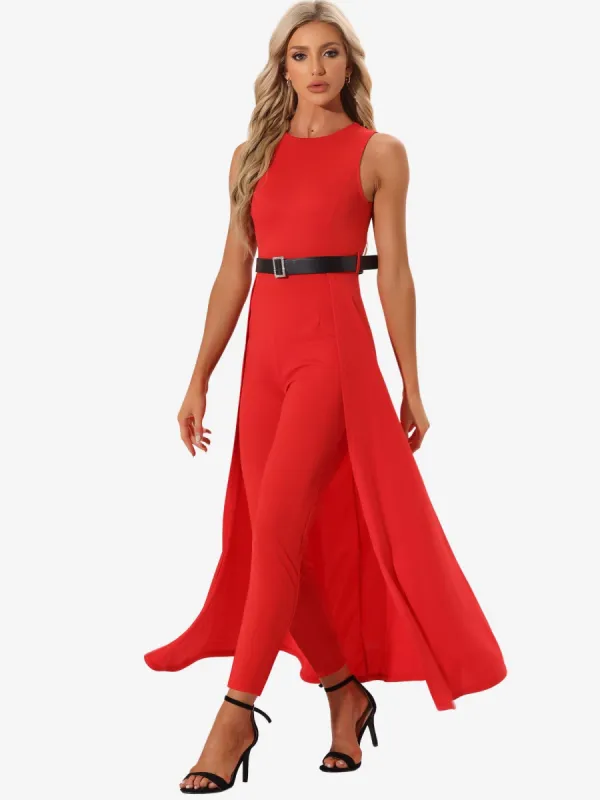 Solid Sleeveless Belted High-Waist Overlay Swing Jumpsuit sold by Allegra K