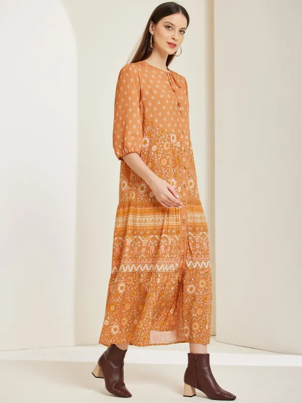 Boho Floral 3/4 Sleeves Button Down Maxi Tiered Dress sold by Allegra K