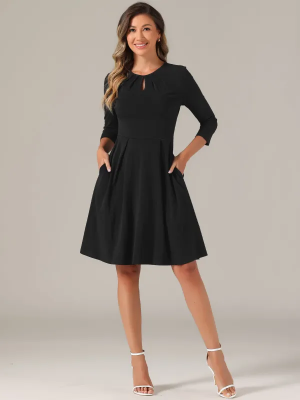 3/4 Sleeve Pleated Keyhole Pockets A-Line Above Knee Dress sold by Allegra K