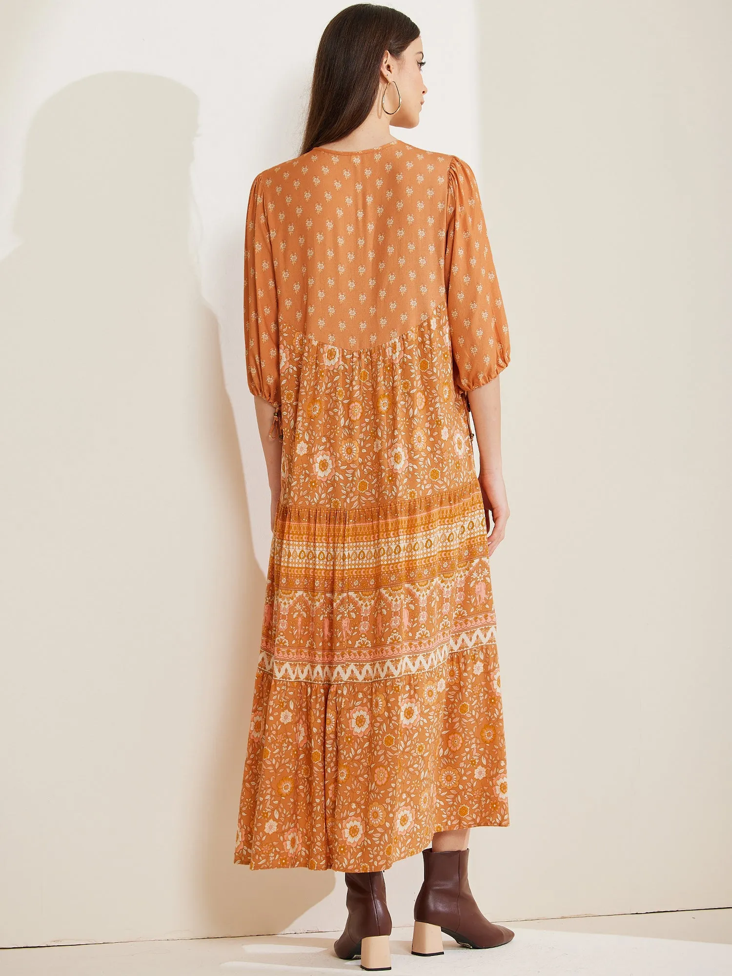 Boho Floral 3/4 Sleeves Button Down Maxi Tiered Dress sold by Allegra K product image thumbnail 3