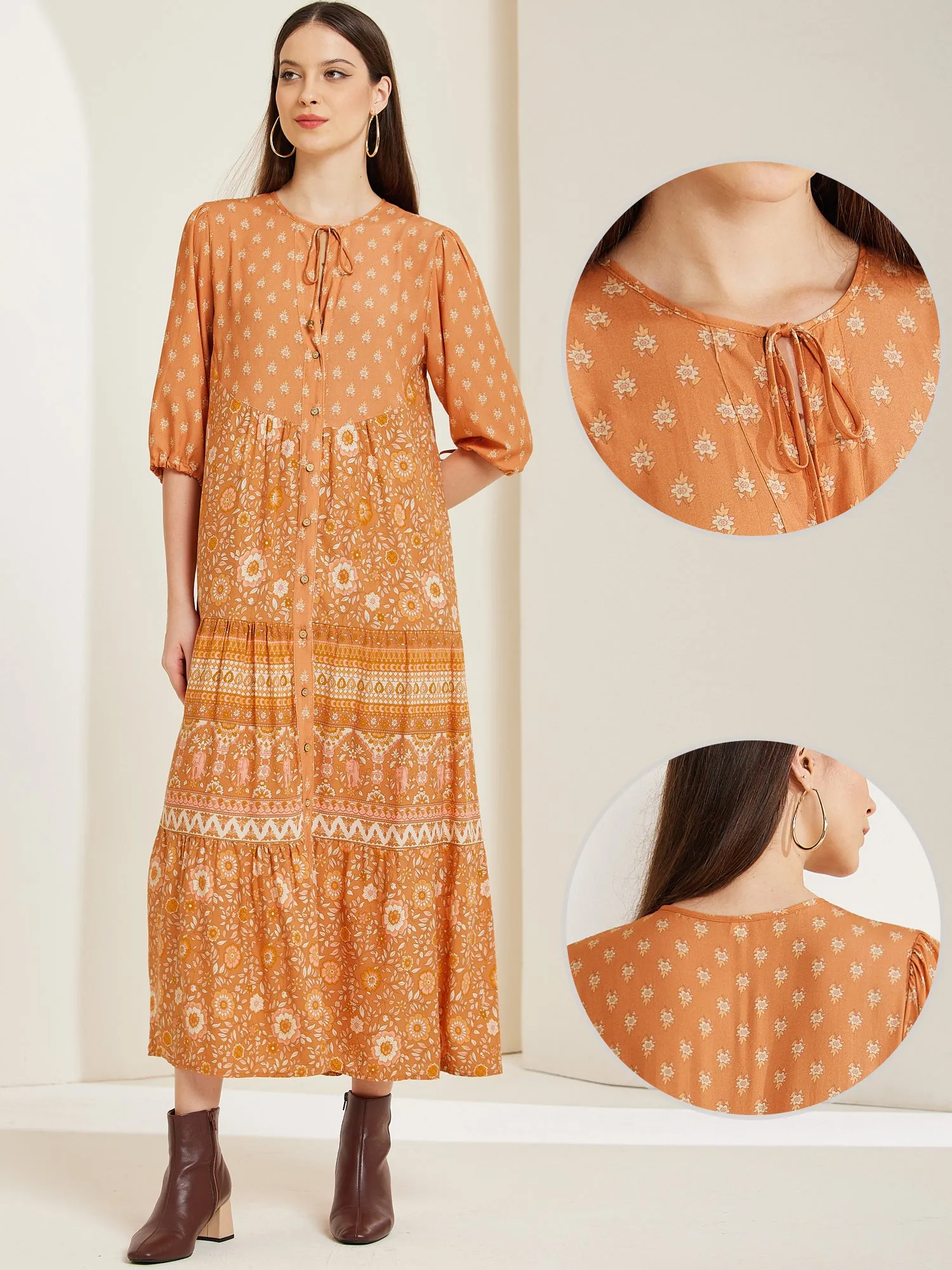 Boho Floral 3/4 Sleeves Button Down Maxi Tiered Dress sold by Allegra K product image thumbnail 2