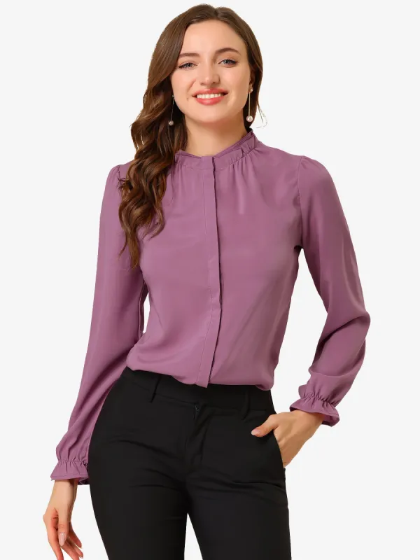 Work Office Blouse Button Up Ruffle Collar Long Sleeve Chiffon Shirt sold by Allegra K