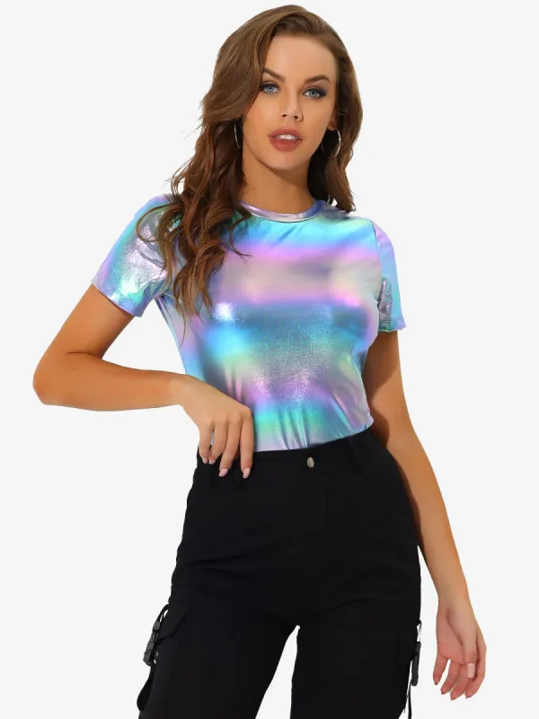Party Metallic Textured Short Sleeve Shiny Multicolor Top sold by Allegra K