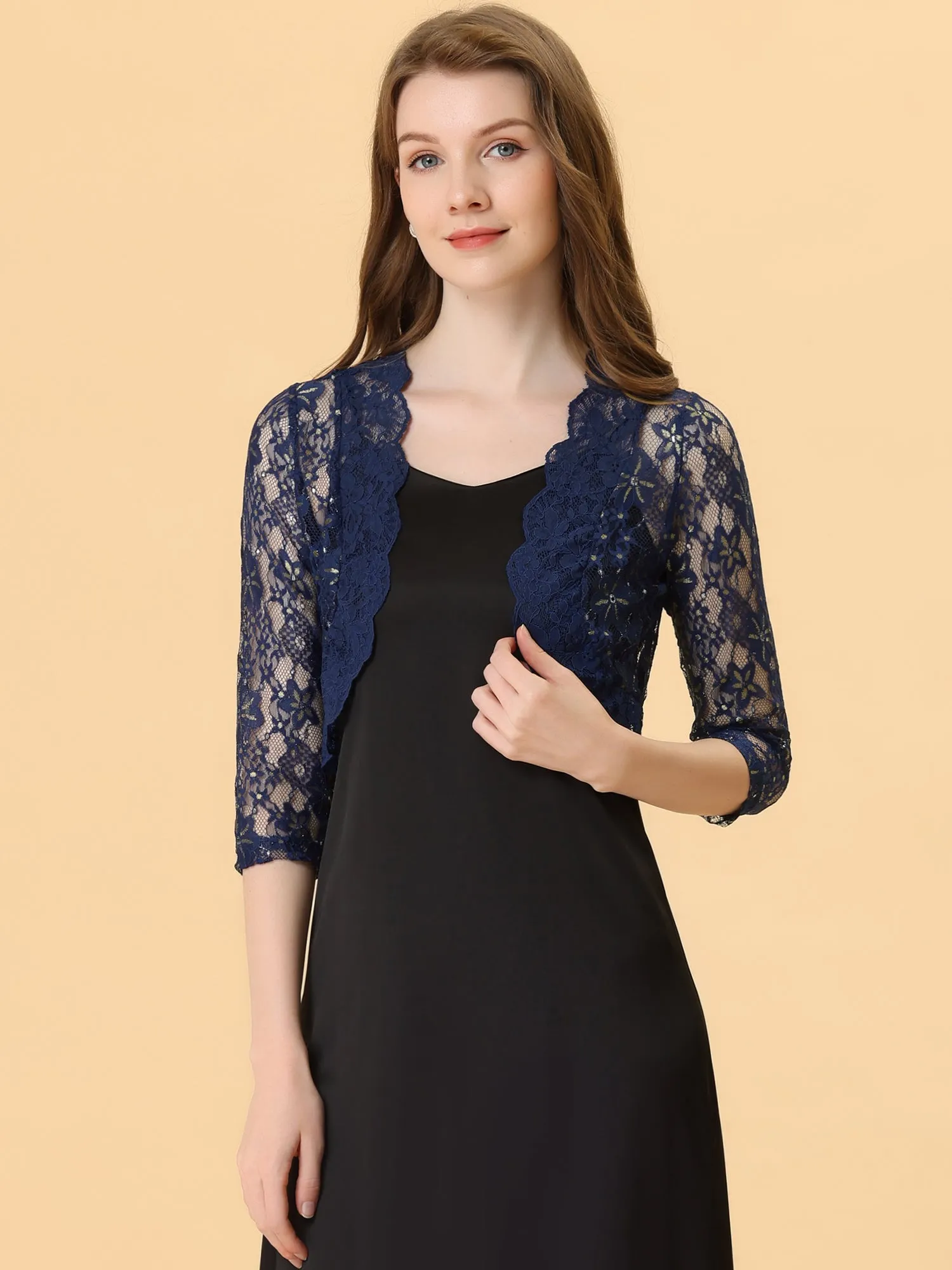 Bolero Shrug Top Sheer Sequin Lace Crop Cardigan sold by Allegra K product image thumbnail 5