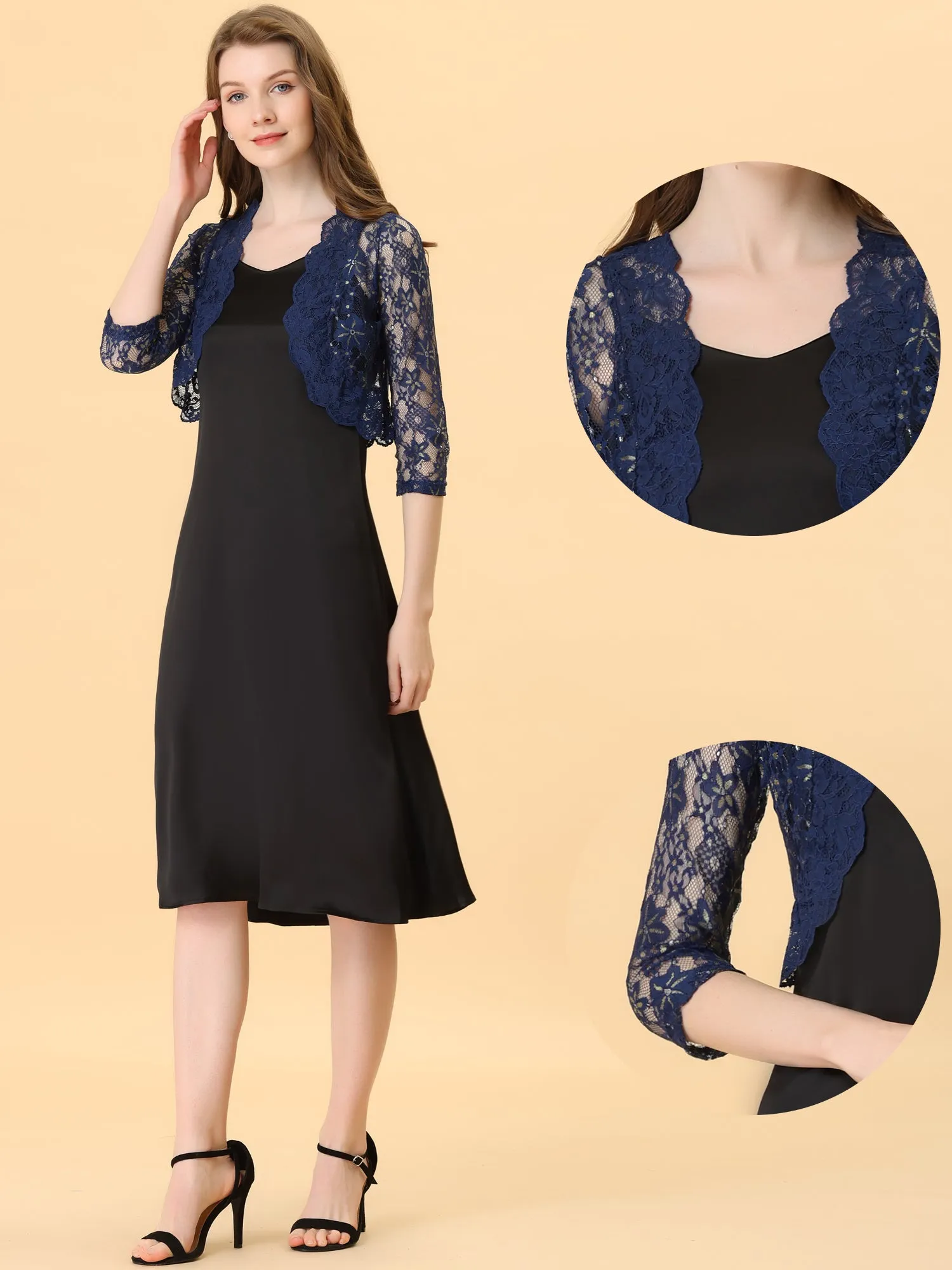 Bolero Shrug Top Sheer Sequin Lace Crop Cardigan sold by Allegra K product image thumbnail 2