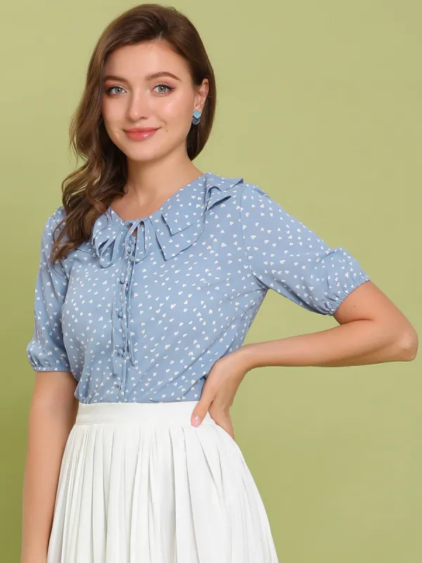 Puff Sleeve Tie Neck Doll Collar Button Front Heart Print Blouse sold by Allegra K