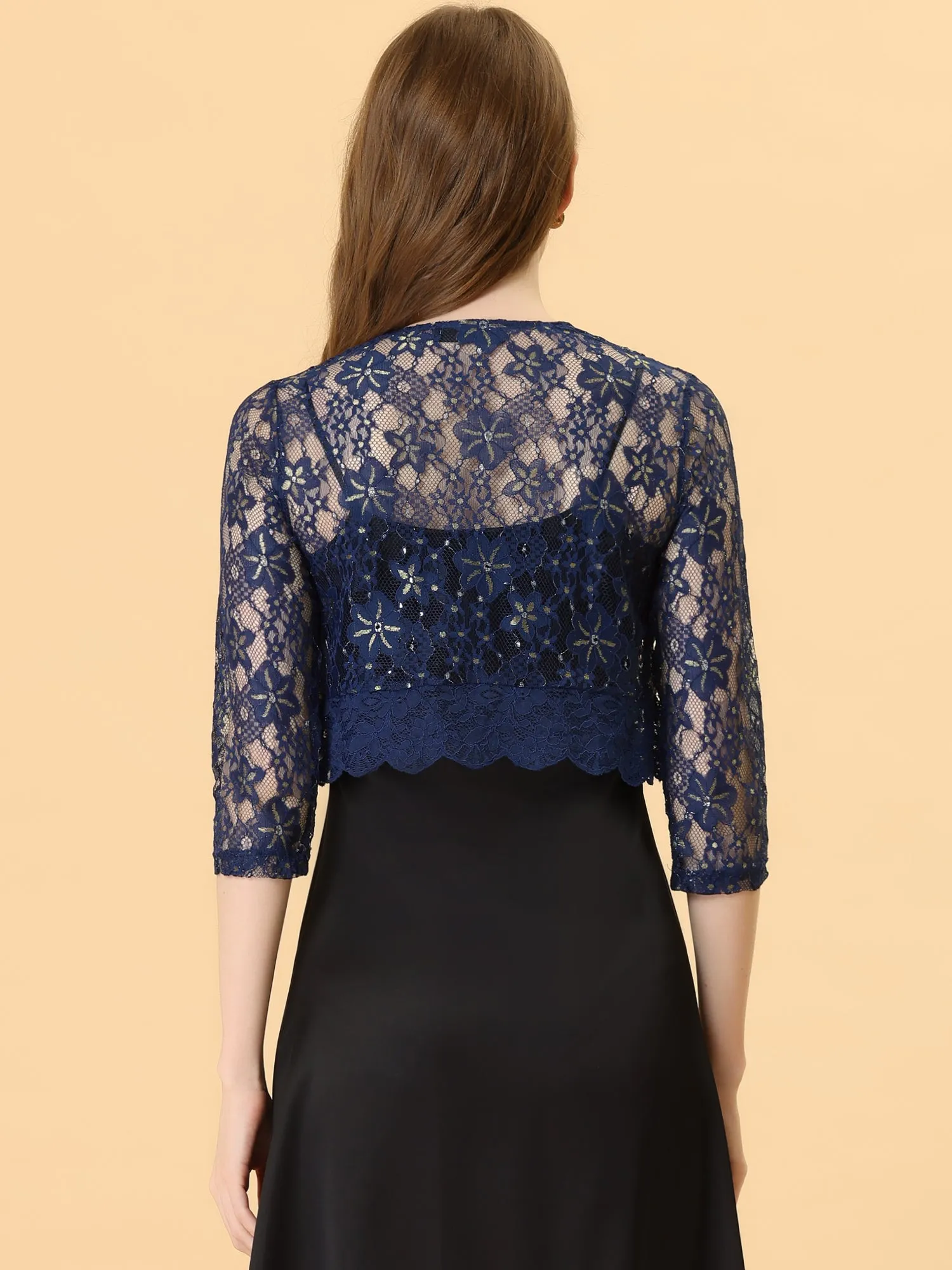 Bolero Shrug Top Sheer Sequin Lace Crop Cardigan sold by Allegra K product image thumbnail 3