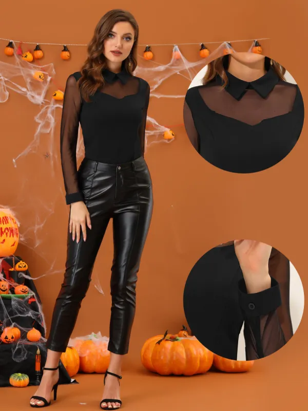 Mesh Insert Tops Long Sleeve Point Collar Work Blouse sold by Allegra K