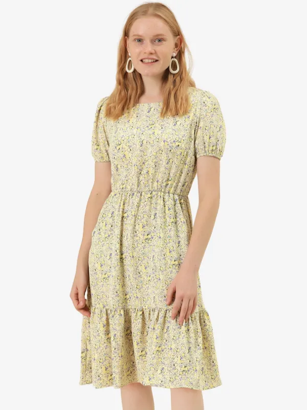 Ditsy Floral Short Sleeve Belted Ruffle Hem Peasant Pockets Dress sold by Allegra K