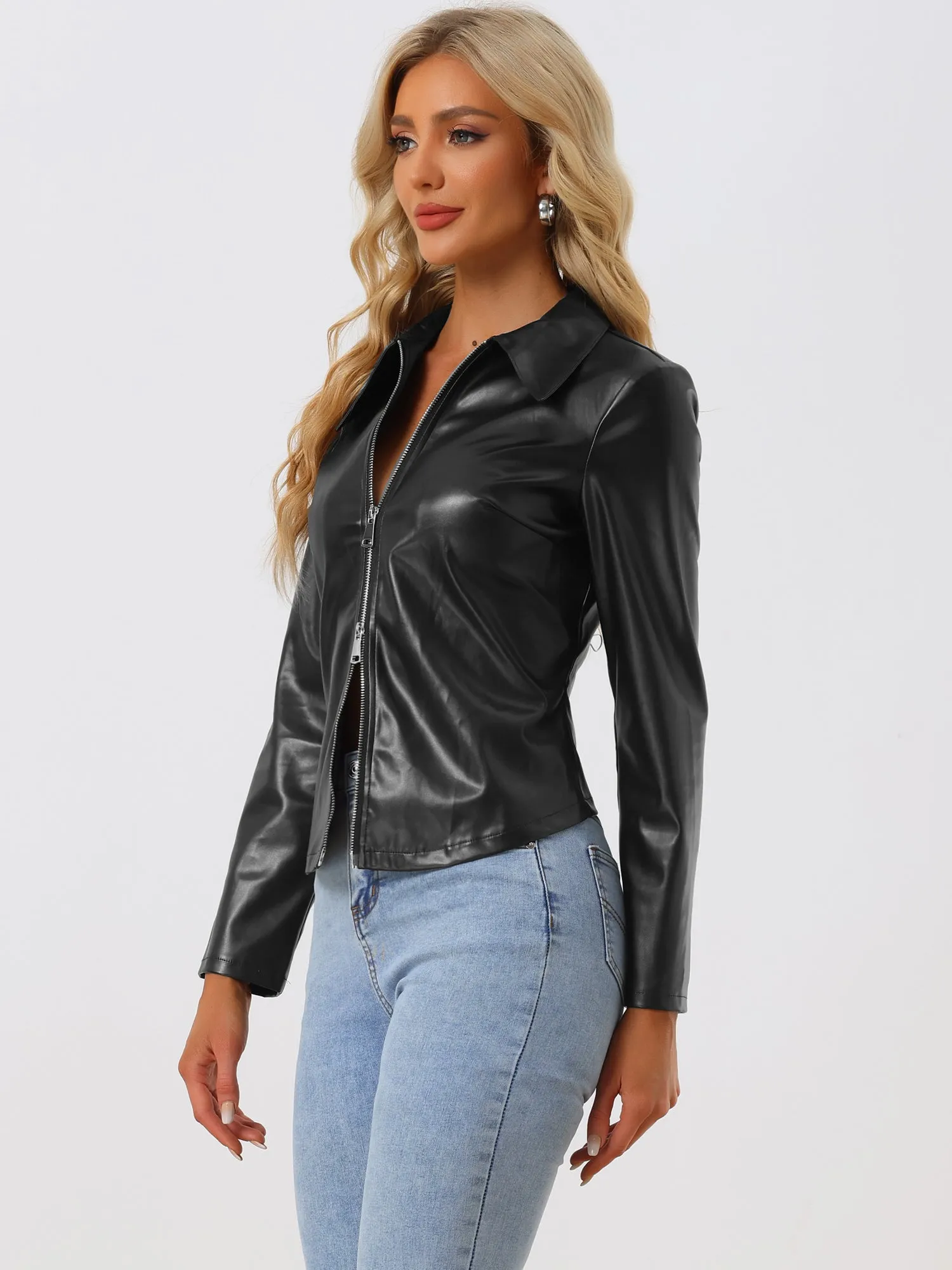Faux Leather Long Sleeve Zip Up Blazer Fitted Slim Biker Coat sold by Allegra K product image thumbnail 2