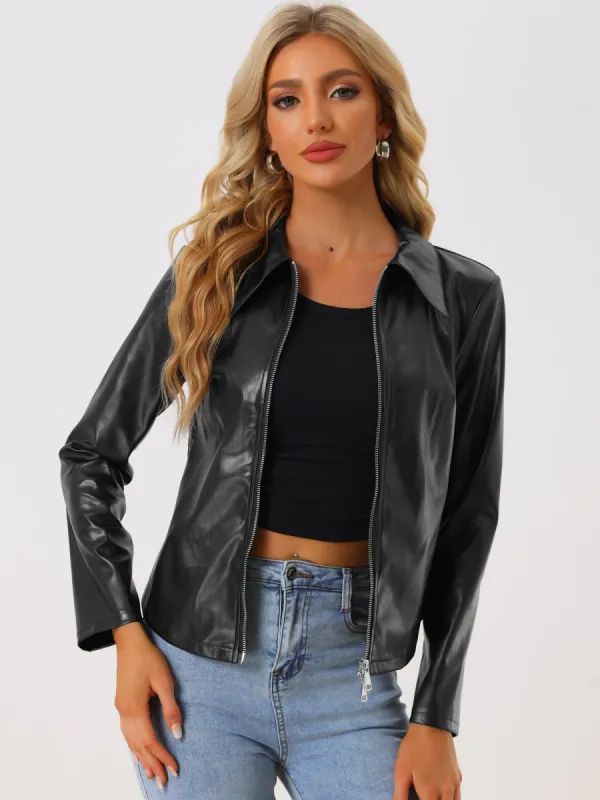 Faux Leather Long Sleeve Zip Up Blazer Fitted Slim Biker Coat sold by Allegra K