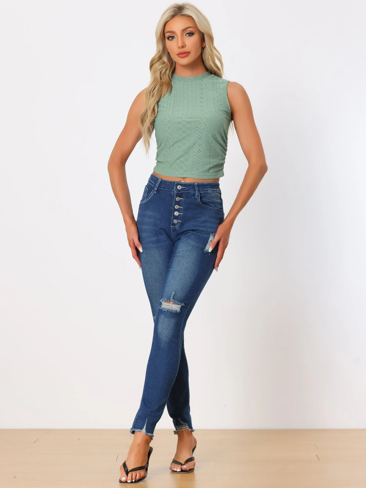 Sleeveless Mock Neck Slim Fit Side Ruched Eyelet Crop Tank Top sold by Allegra K product image thumbnail 4