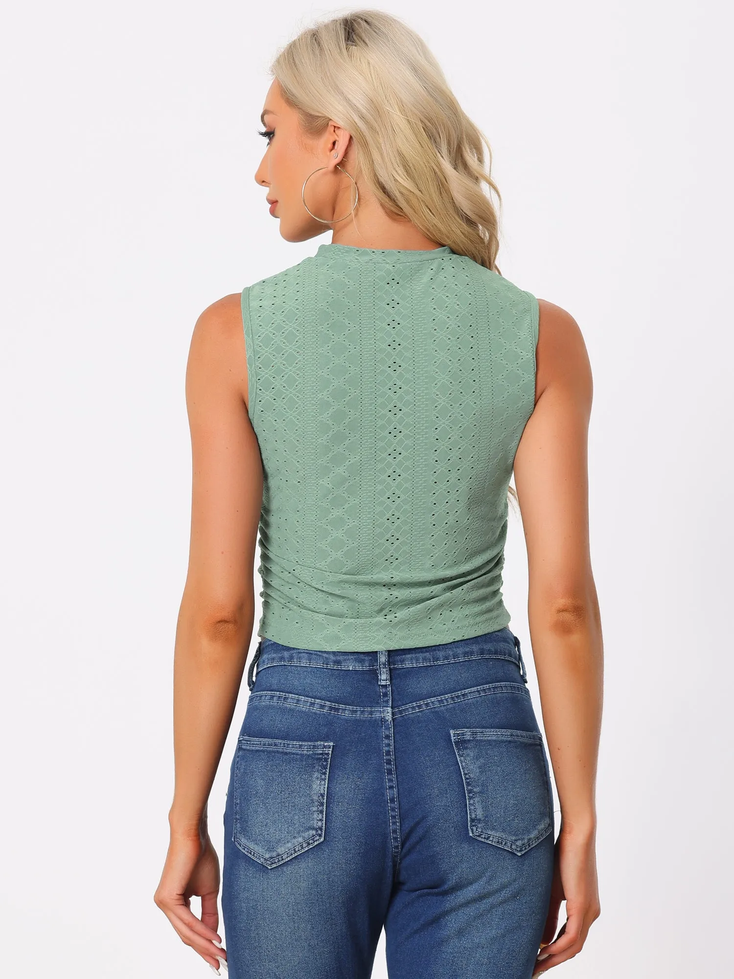 Sleeveless Mock Neck Slim Fit Side Ruched Eyelet Crop Tank Top sold by Allegra K product image thumbnail 3