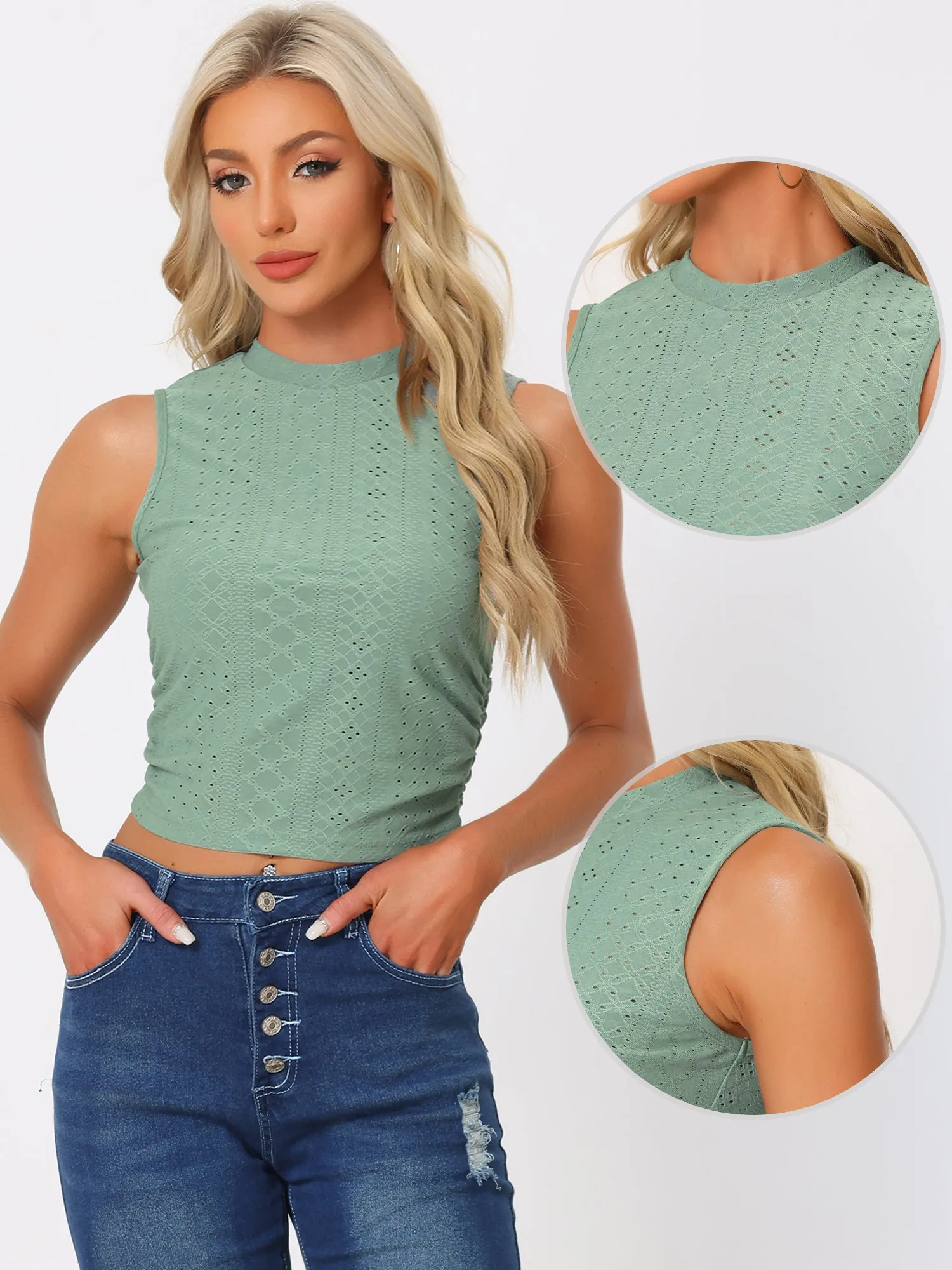 Sleeveless Mock Neck Slim Fit Side Ruched Eyelet Crop Tank Top sold by Allegra K product image thumbnail 2