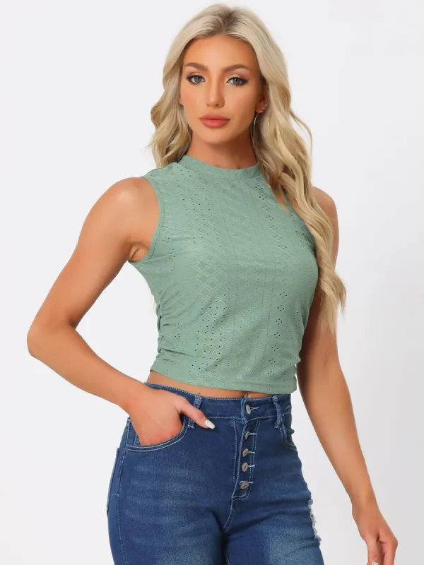 Sleeveless Mock Neck Slim Fit Side Ruched Eyelet Crop Tank Top sold by Allegra K