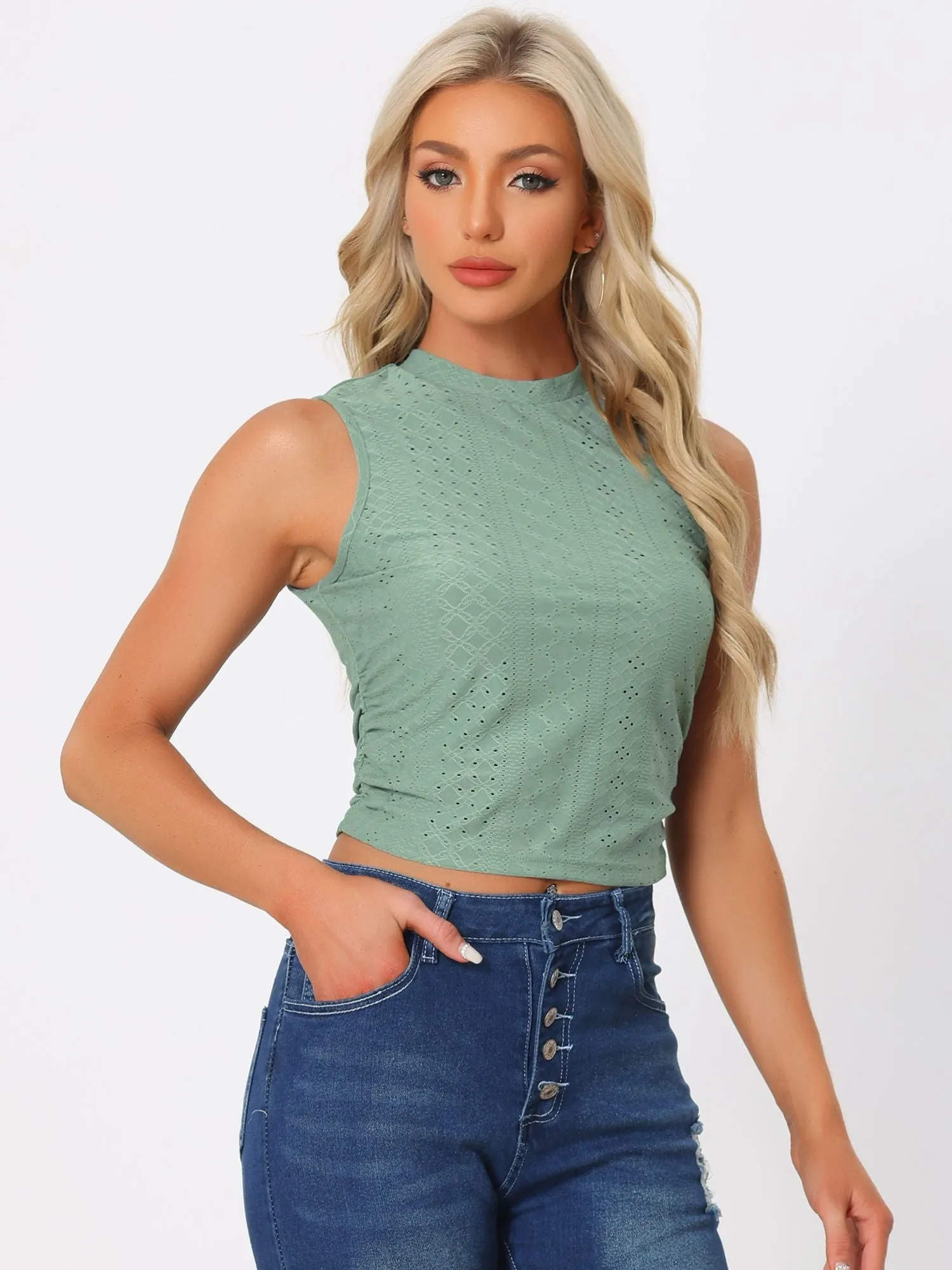 Sleeveless Mock Neck Slim Fit Side Ruched Eyelet Crop Tank Top sold by Allegra K