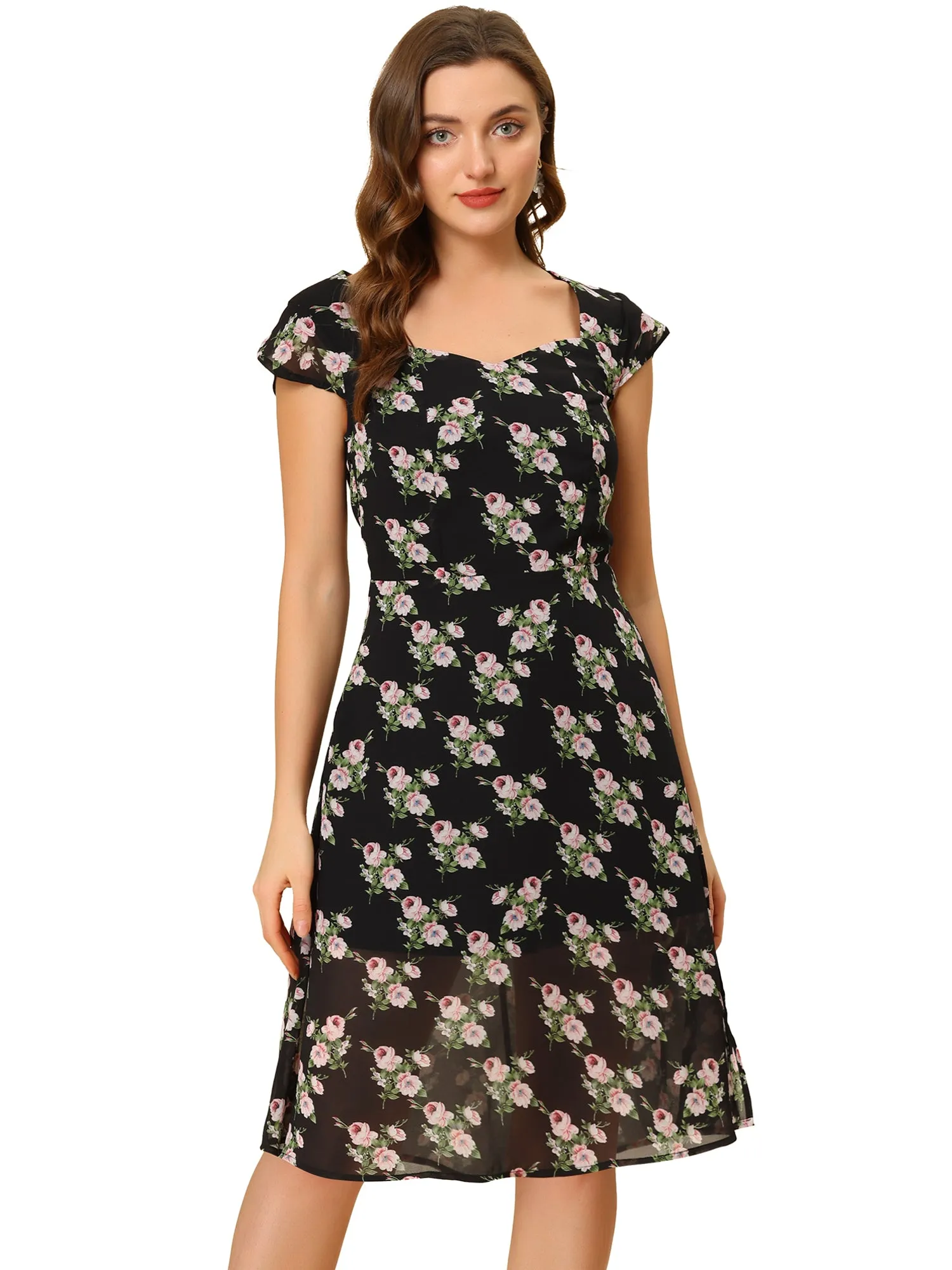Smocked Sweetheart Cap Sleeve Cinched Floral Chiffon Midi Dress sold by Allegra K product image thumbnail 4