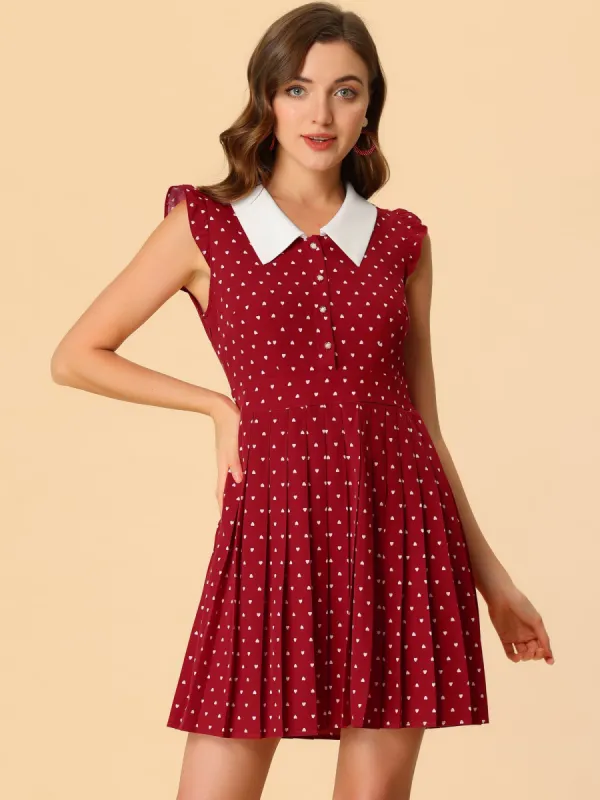 Peter Pan Collar Ruffle Cap Sleeve Heart Print Pleated Dress sold by Allegra K