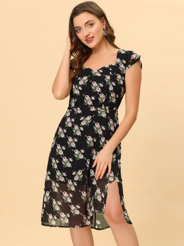 Smocked Sweetheart Cap Sleeve Cinched Floral Chiffon Midi Dress sold by Allegra K