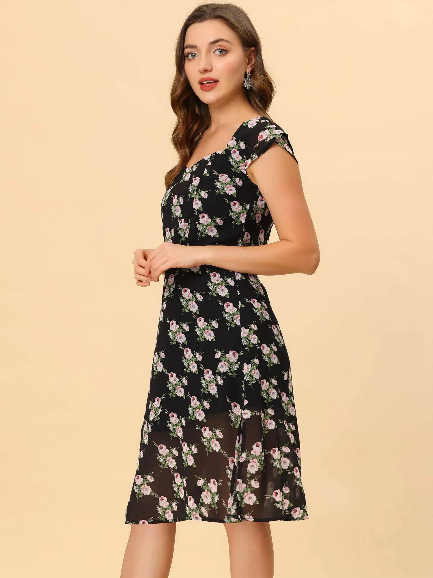 Smocked Sweetheart Cap Sleeve Cinched Floral Chiffon Midi Dress sold by Allegra K product image thumbnail 3