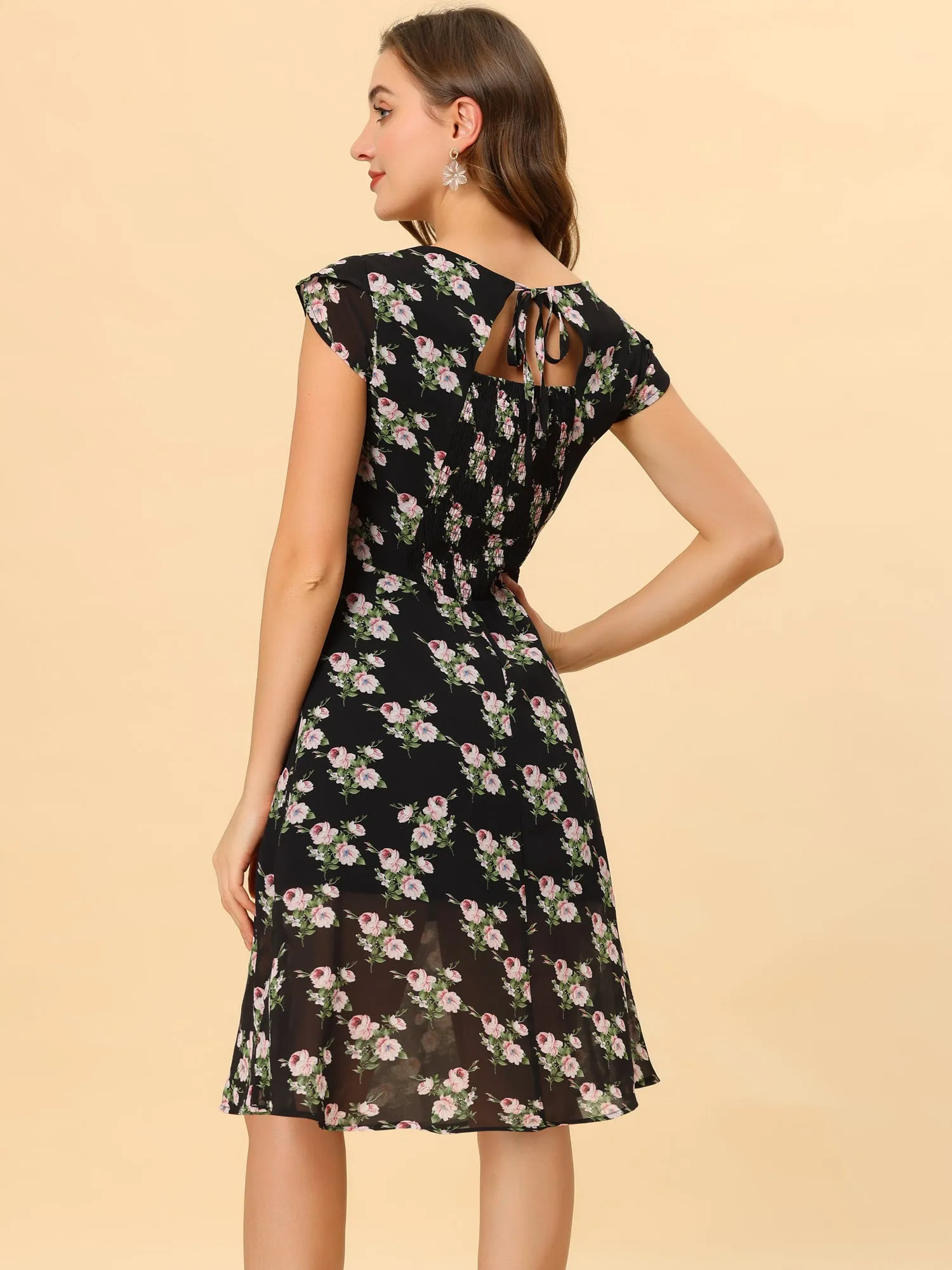 Smocked Sweetheart Cap Sleeve Cinched Floral Chiffon Midi Dress sold by Allegra K product image thumbnail 2