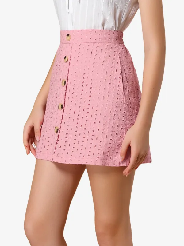 Mini Button Decor Elastic Waist Embroidered A-Line Skirt sold by Allegra K