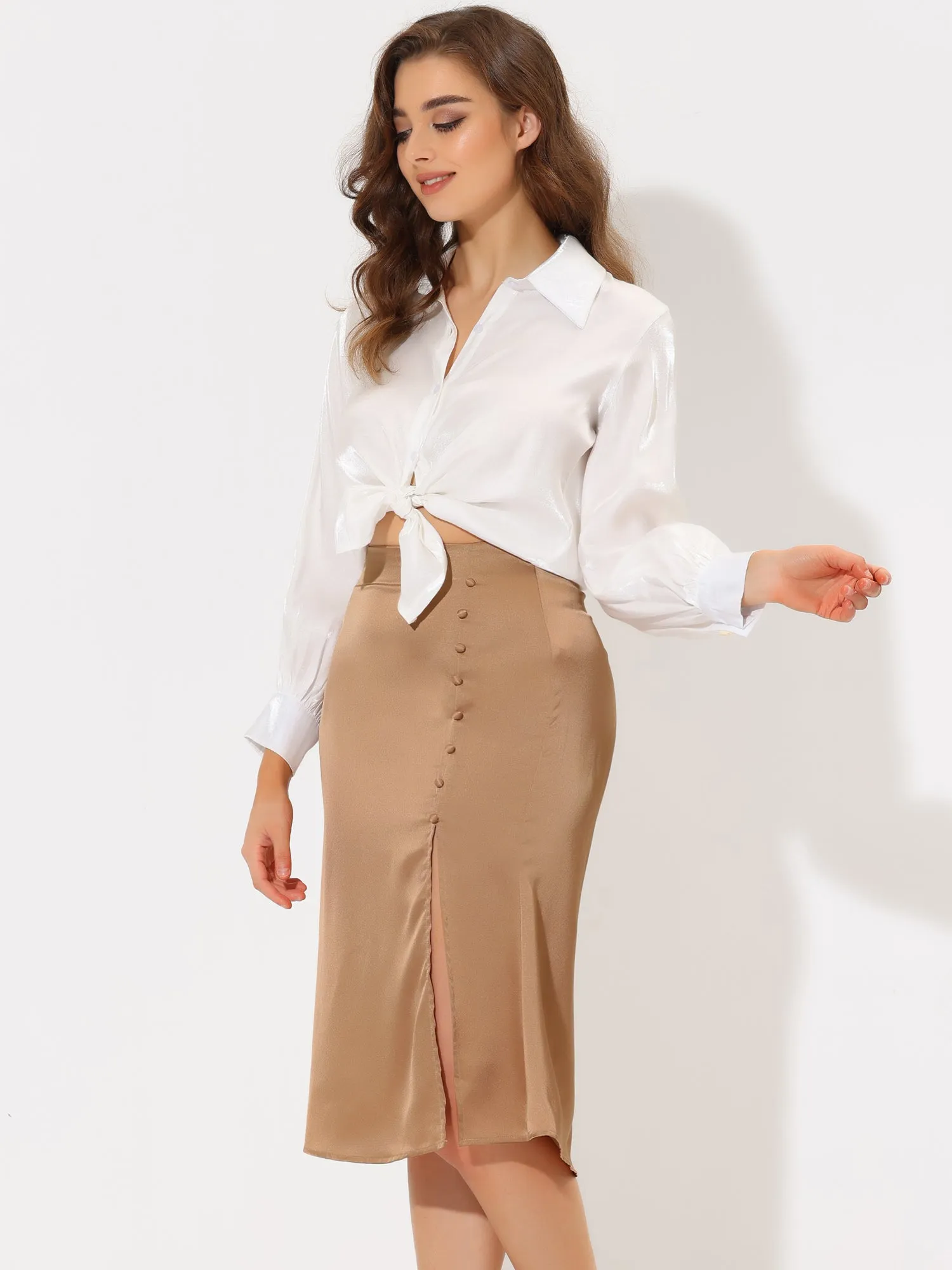 High Waist Side Zipper Split Satin Slip Skirt sold by Allegra K product image thumbnail 3