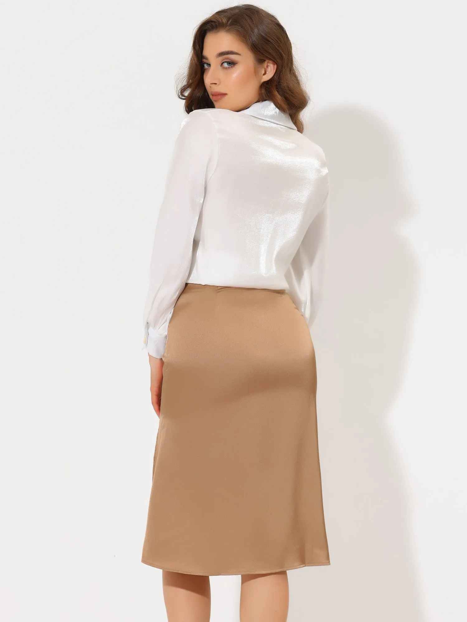 High Waist Side Zipper Split Satin Slip Skirt sold by Allegra K product image thumbnail 4