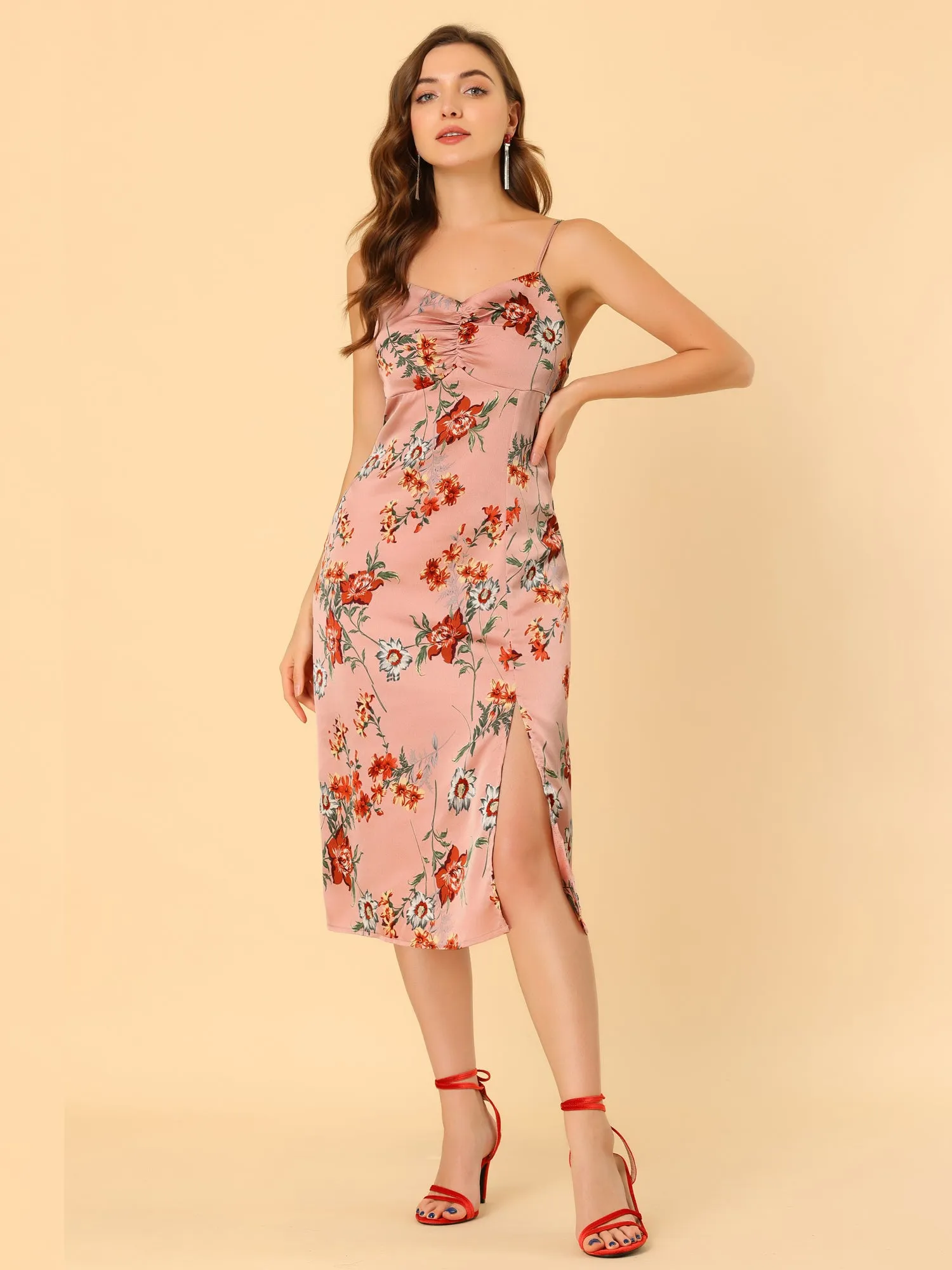 Floral Spaghetti Strap Split Self Tie Summer Midi Dress Sundress sold by Allegra K product image thumbnail 4