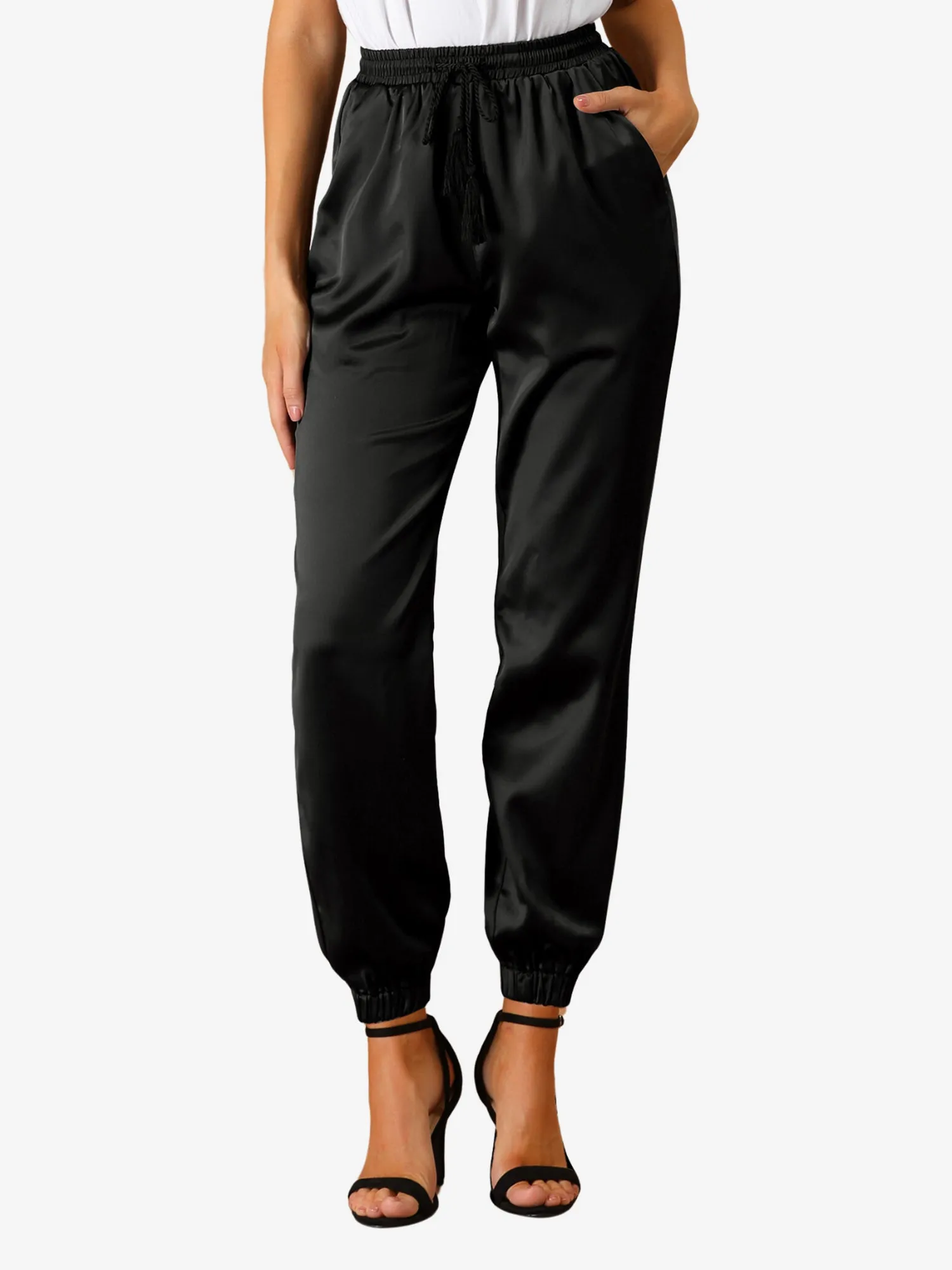Drawstring Elastic Waist Athleisure Ankle Satin Joggers sold by Allegra K