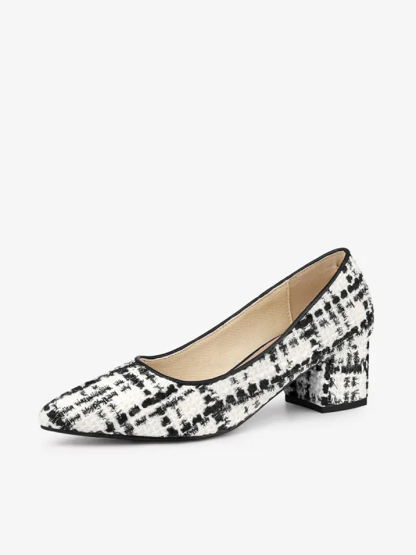 Women's Pointy Toe Tweed Plaid Knitted Printed Chunky Heels Pumps sold by Allegra K