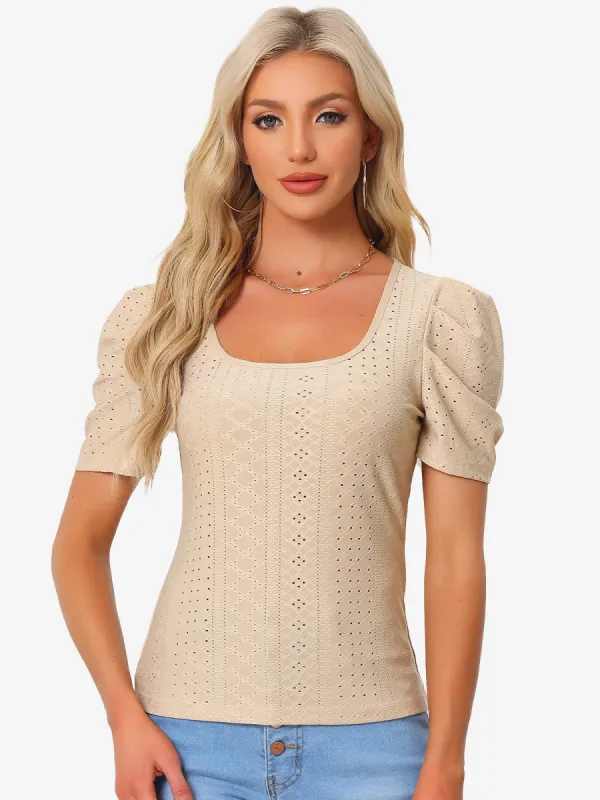 Puff Sleeve Blouse Square Neck Casual Work Blouse Top sold by Allegra K