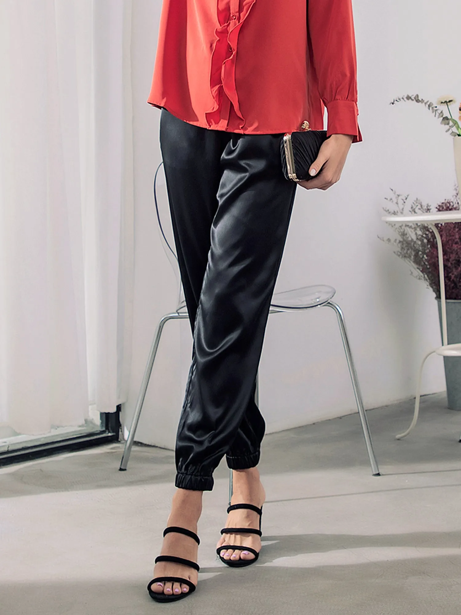 Drawstring Elastic Waist Athleisure Ankle Satin Joggers sold by Allegra K product image thumbnail 4