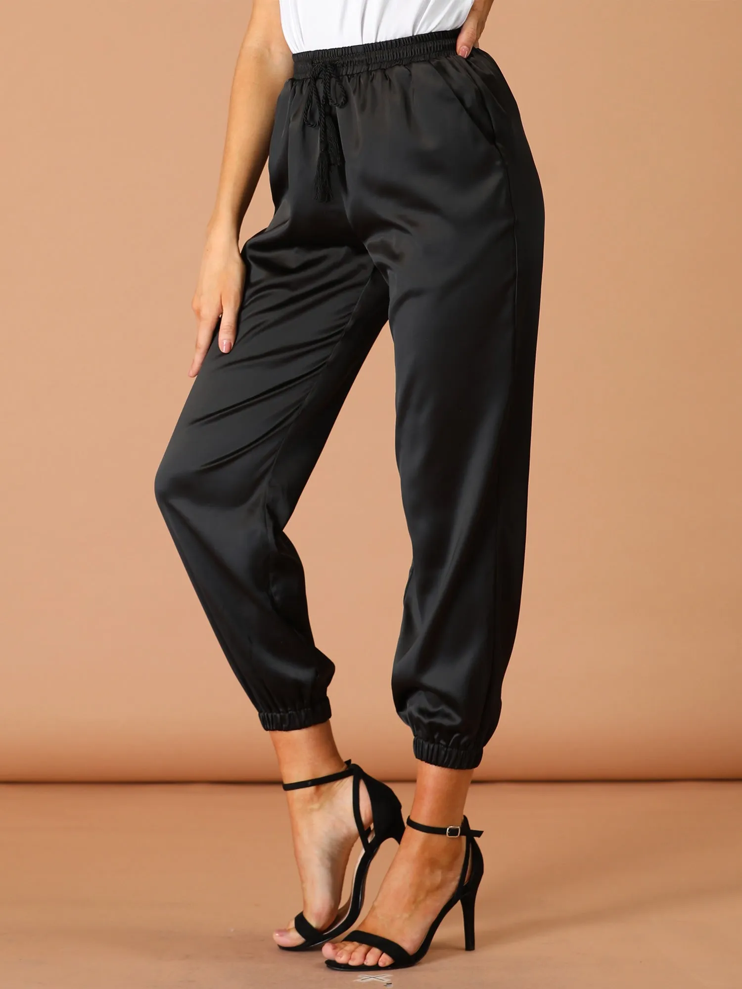 Drawstring Elastic Waist Athleisure Ankle Satin Joggers sold by Allegra K product image thumbnail 2