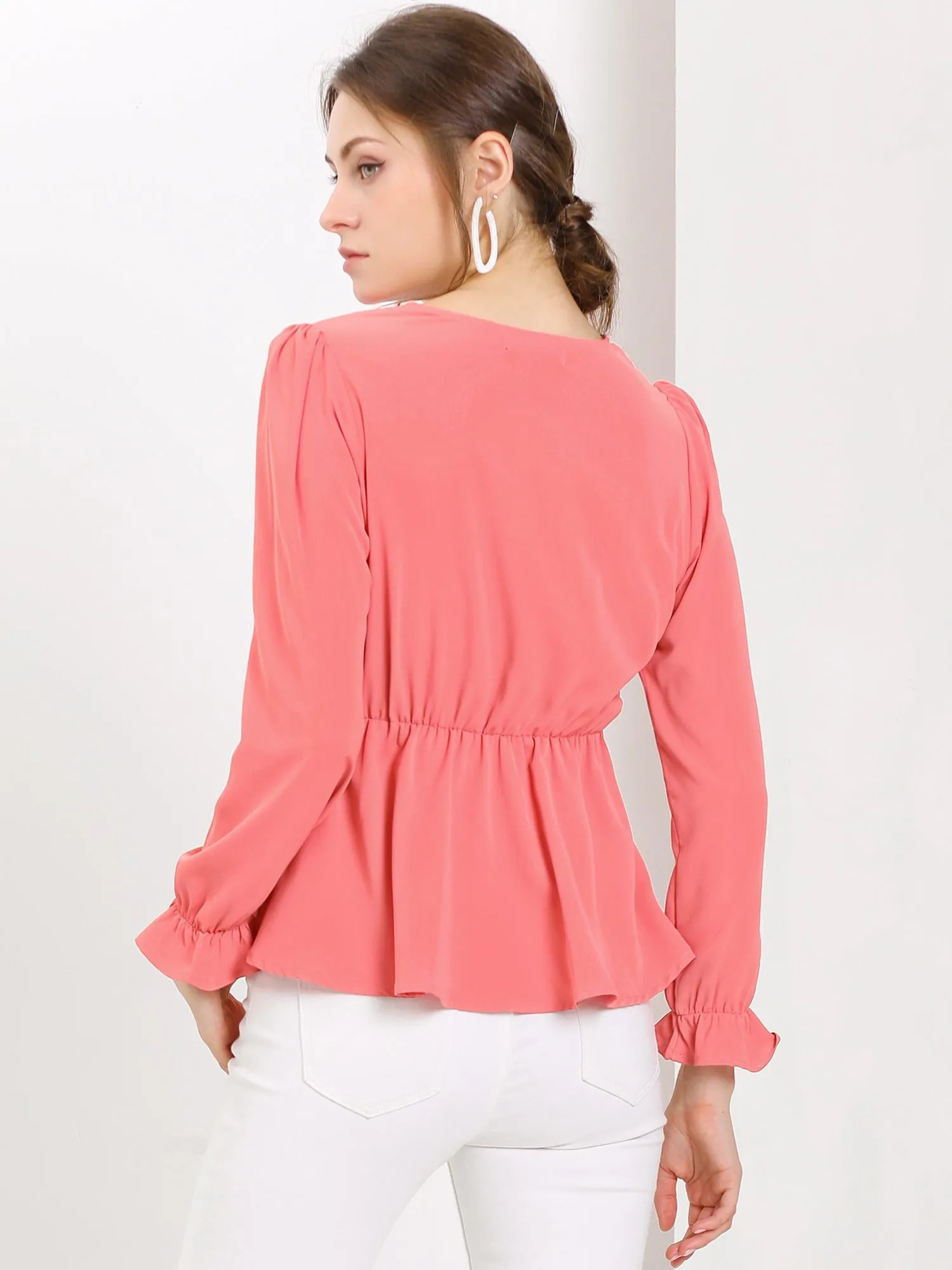V Neck Tie Waist Button Decor Long Sleeve Peplum Blouse sold by Allegra K product image thumbnail 4