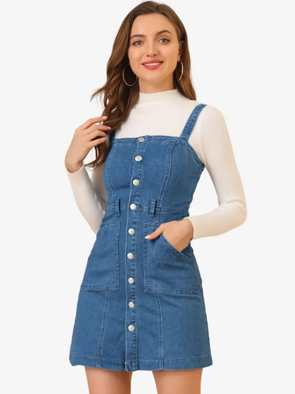 Classic Adjustable Strap A-Line Denim Overall Dress sold by Allegra K