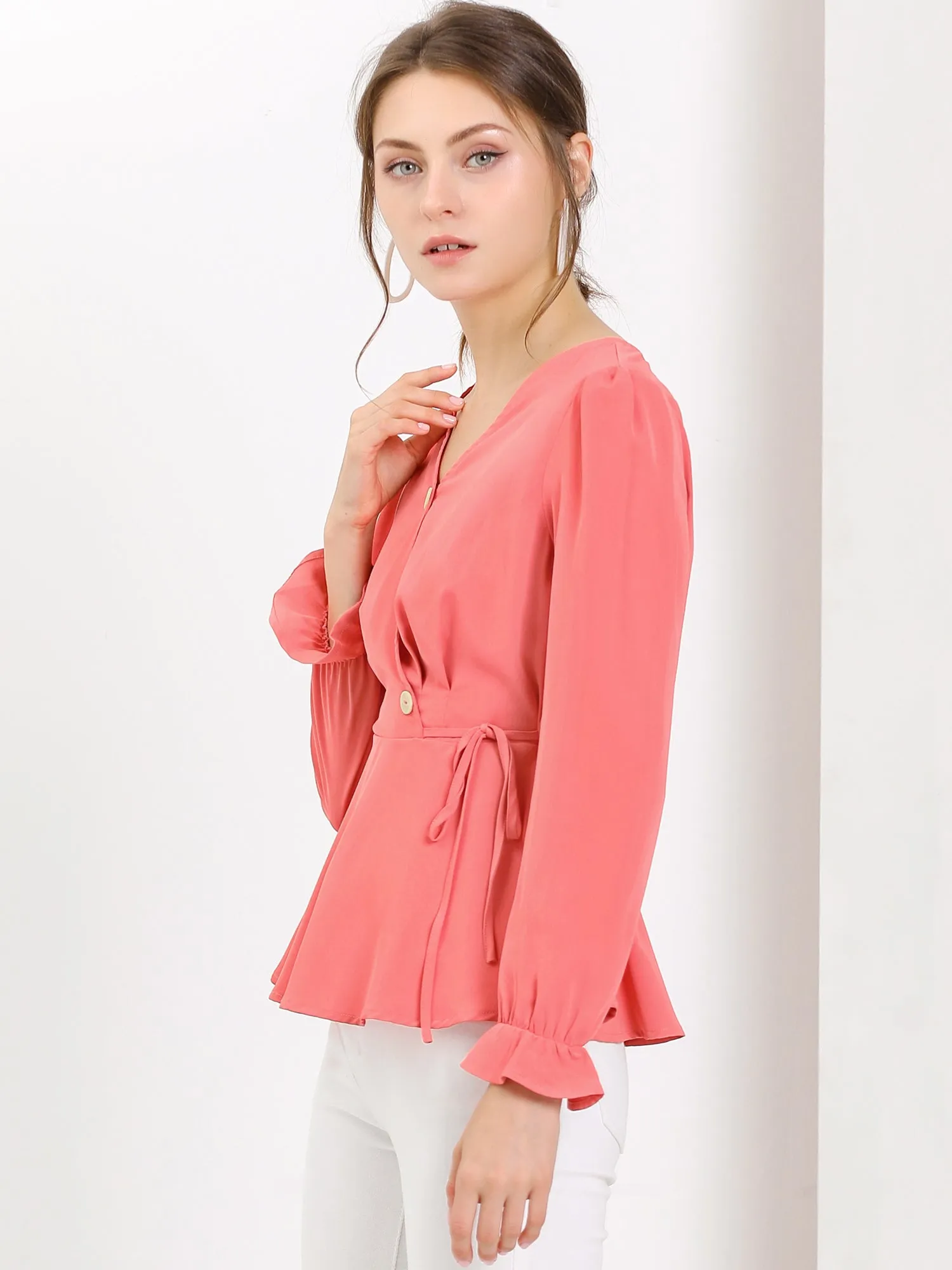 V Neck Tie Waist Button Decor Long Sleeve Peplum Blouse sold by Allegra K product image thumbnail 2