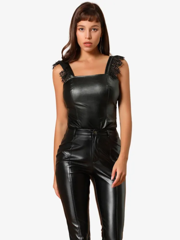 Lace Trim Party Faux Leather PU Tank Top sold by Allegra K